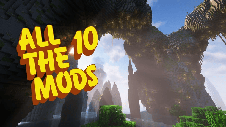 All the Mods 10 logo on a minecraft world landscape