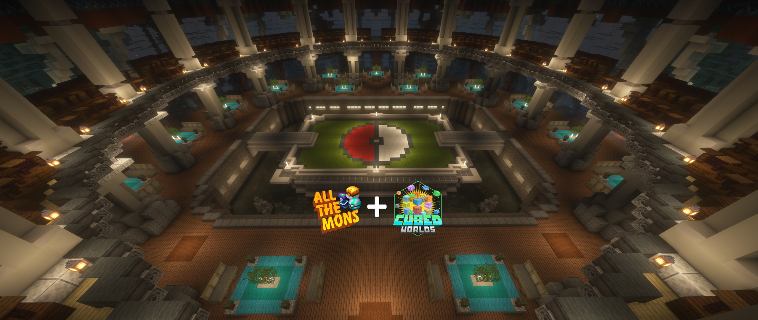 All The Mons minecraft modpack + cubedworlds server logo over a minecraft battle arena